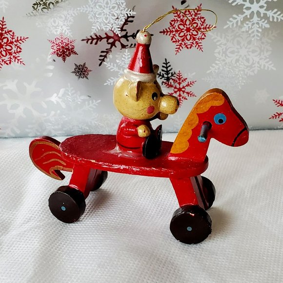 Vintage Wooden Bear Riding a Red Wooden Rolling Horse Toy Christmas Ornament - Picture 5 of 12
